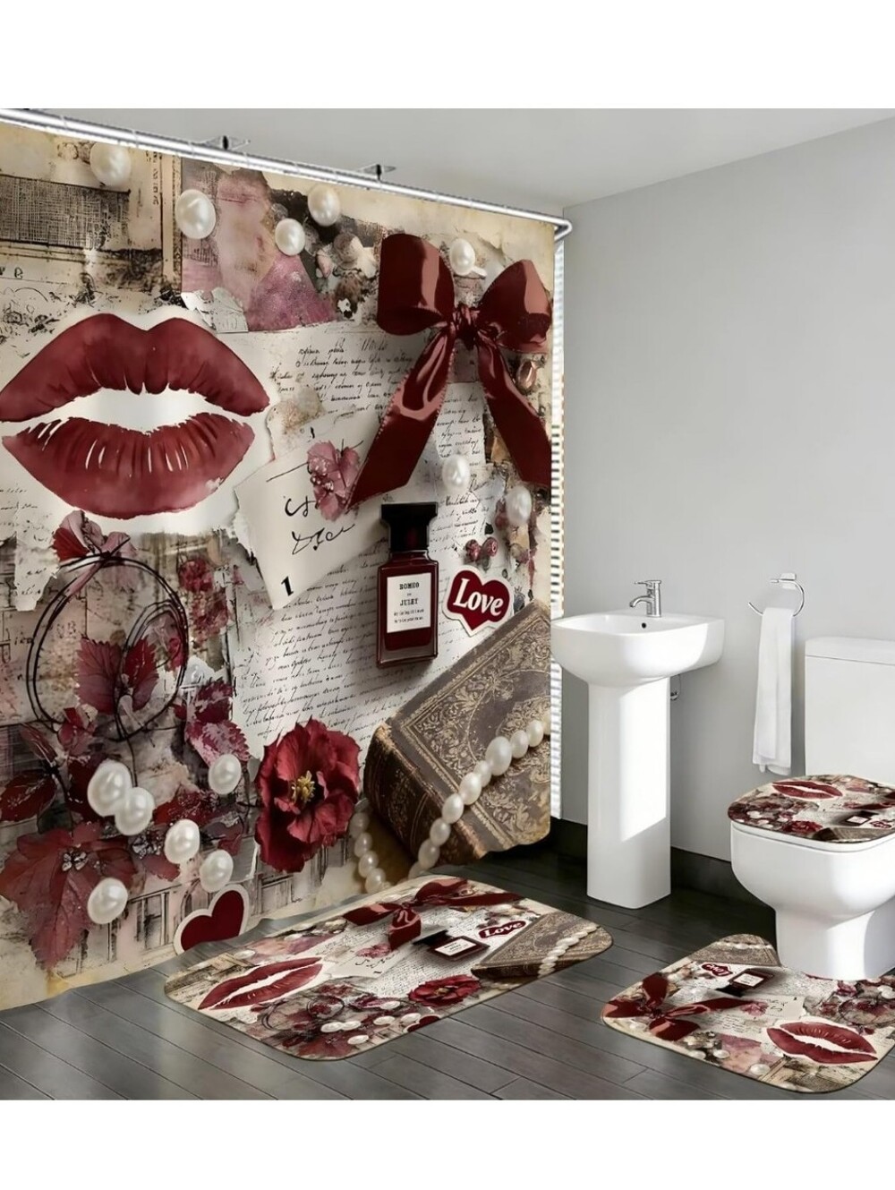 Vintage Romance Red Bath Set with Shower Curtain and Rugs